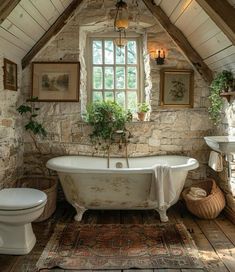 an old fashioned bathtub in a rustic bathroom with stone walls and exposed ceilinging