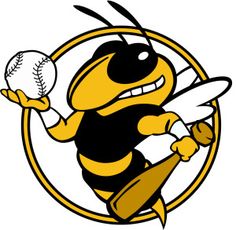 a cartoon bee holding a baseball bat and ball in it's right hand while wearing a glove