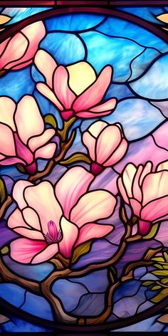 a stained glass window with pink flowers on it