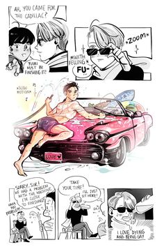 a comic strip with an image of a woman in a pink car