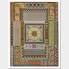 an ornate design with many different colors and designs on the sides, including geometric shapes