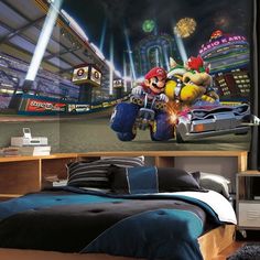 a bedroom scene with focus on the bed and mario kart driving through the city