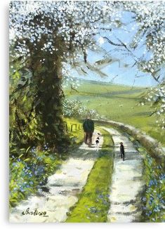 an oil painting of people walking down a path in the countryside with trees and flowers