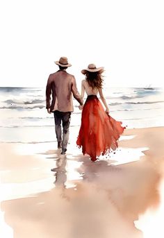 a man and woman walking on the beach holding hands, watercolor painting by numbers