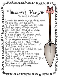 teacher's prayer with heart shaped shovel and pink bow on white background, handwritten poem