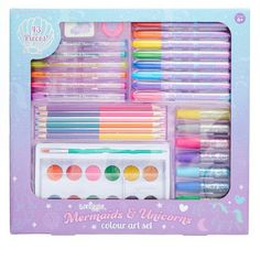 the mermaids and unicorns color art set is in its box with it's contents