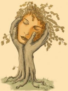 a drawing of a woman's face peeking out from behind a tree with her eyes closed