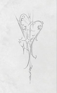 a drawing of a heart with swirls on it's side and an arrow in the middle