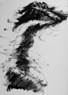 a black and white drawing of a woman's head with her hair blowing in the wind