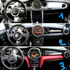 the inside and outside of a car with different gauges, dash lights, and steering wheel