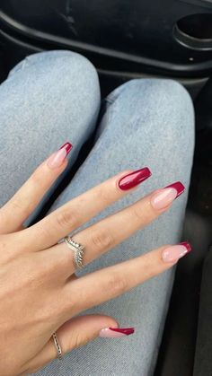 French Tip Christmas Nail Ideas Coffin, Christmas Nails Red Coffin, Red French Coffin Acrylic Nails, Coffin Shape Nails Christmas, Red Coffin French Tip, Red French Coffin Nails, Christmas French Tip Nails Coffin, Pink Nails With Red French Tip, Red Coffin French Tip Nails