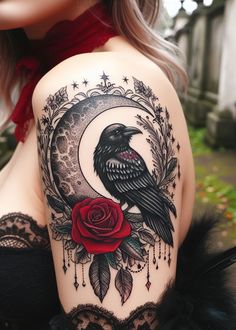 Embrace the mystique of raven tattoos—their jet-black plumage whispers secrets of magic and transformation. Pair them with elemental symbols—earth, air, fire, and water—for a spellbinding ink masterpiece. 🌙🔥🌊🌿 Crow Goddess Tattoo, Raven And Roses Tattoo, Raven Rose Tattoo, Raven Arm Tattoo Women, Witchy Raven Tattoo, Raven Tattoos For Women, Raven Tattoo Feminine Arm, Wicked Tattoo Ideas, Skull Moon Tattoo