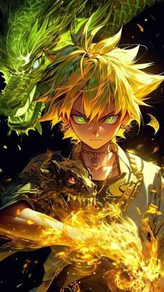 an anime character with yellow hair and green eyes, holding a fire ball in his hand