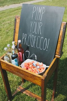 a chalkboard sign that says pump your prosteco and some drinks on it