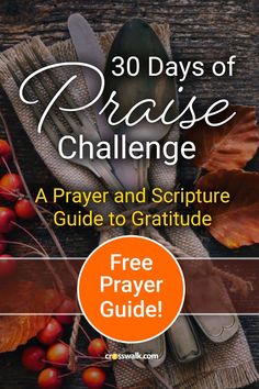 the cover of 30 days of praise challenge, with autumn leaves and silverware on it