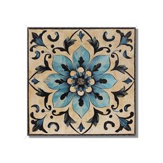 a blue and white tile with an ornate design on the bottom, surrounded by black swirls