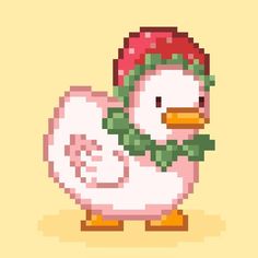 a pixelated image of a white duck wearing a red hat with a green leaf on it's head