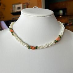 Vintage Mother Of Pearl, Jade, And Salmon Coral Twisted Bead Necklace With Gold Tone Barrel Clasp. Small Gold Tone Beads With The Coral And Jade Twisted Beads. Great Condition And Free Of Chips And Cracks With Shiny Gold Clasp. Light Tarnish On The Lobster Clasp Of Necklace. Bracelet In Brand New Condition Size: On Necklace Is 17" X 7.2mm Wide. Bracelet Is 7” Length. Trendy Ornaments, Coral Jewelry Vintage, Fashion Jewelry Necklaces Gold, Coral Jewelry Set, Rose Jewellery, Neck Pieces Jewelry, Choker Necklace Designs, Gold Jewelry Outfits, Coral Beads Necklace