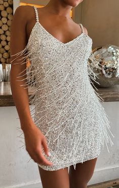 Sparks Fly Mini Dress ~ Silver Beaded Fringe Sparkly Reception Dress, White Bachelorette Party Outfit, Nye Look, White Bachelorette, Bach Weekend, How Many Bridesmaids, Bachelorette Party Dress, Sparks Fly, Bachelorette Dress