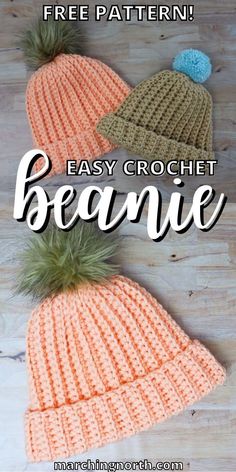 two crocheted beanies with text overlay that says free pattern easy crochet beanie