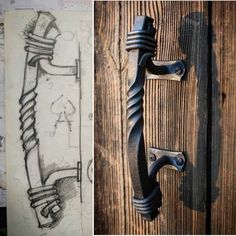 two pictures one has a door handle and the other has a drawing on it