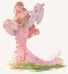 a woman with pink hair and flowers in her dress