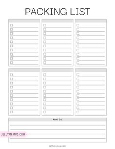 the printable packing list is shown in black and white, with text that reads packing list