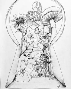 a pencil drawing of an hourglass with flowers and mushrooms inside