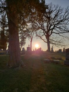 the sun is setting behind some trees in a cemetery