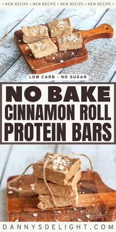 no bake cinnamon roll protein bars on a wooden cutting board with text overlay