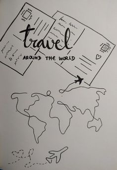 a piece of paper with the words travel around the world written on it and an airplane flying overhead