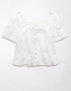 AE Square-Neck Lace Button-Up Shirt White Tops For Women, Summery Outfits, White Jeans Men, Athletic Fit Jeans, Winter Fit, Black Pleated Skirt, Lace Button, Warm Weather Outfits, Curvy Jeans