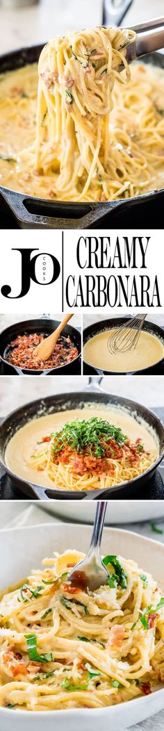 the process of making creamy carbonara pasta