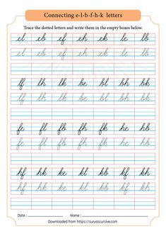 a handwriting practice sheet with the letter e in cursive writing, and an orange border