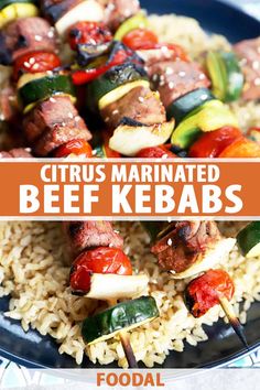 the recipe for citrus marinated beef kebabs is shown on top of rice