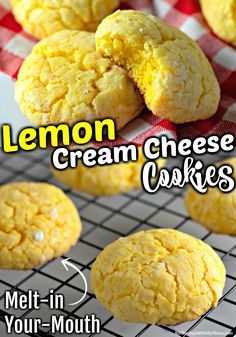 lemon cream cheese cookies on a cooling rack with the words melt - in your mouth