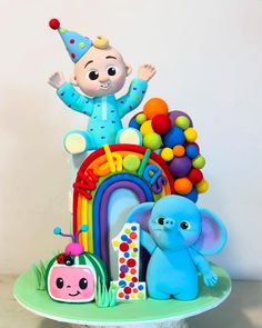 there is a birthday cake with an image of a baby on top and balloons in the air