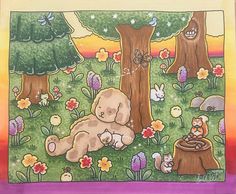 a drawing of a teddy bear sitting in the grass next to a tree and flowers