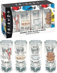 six shot glasses with different designs on them