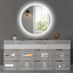 a bathroom vanity with a round mirror above it and various lighting options on the side