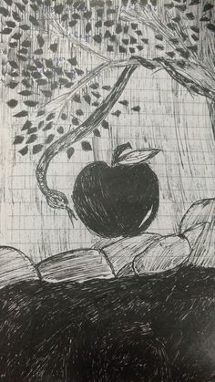 a drawing of an apple sitting on top of a pile of books next to a tree