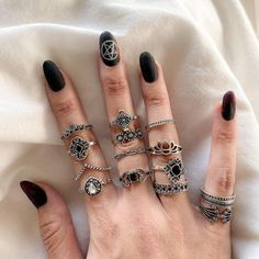 Black Ring Set, Delicate Stacking Rings, Hp Universe, Black Soul, Dark Mysterious, Pastel Nails Designs, Taurus Tattoos, Layering Jewelry, Brain Cells