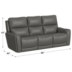 a gray leather reclining sofa with measurements