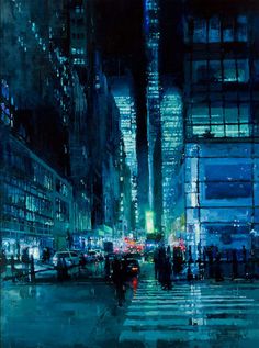 a painting of people walking in the city at night