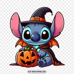 a cute little elephant with a pumpkin in its hand, wearing a witches hat and holding a