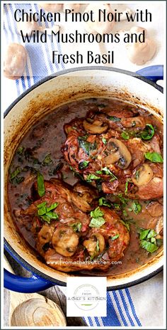 chicken dish with mushrooms and fresh basil in a pan