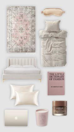 an assortment of bedding and accessories arranged on a white background with text that reads, the little things about fashion