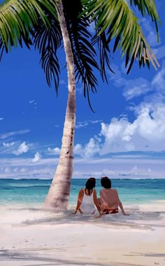 two people sitting under a palm tree on the beach