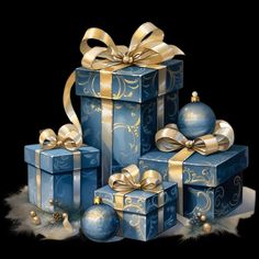 christmas presents are stacked up with gold ribbons and bows on them, all wrapped in blue wrapping paper