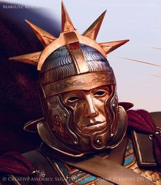 a close up of a person wearing a helmet with spikes on it's head